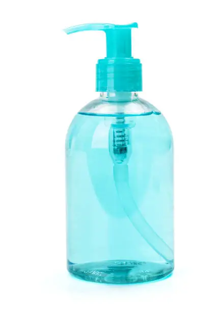Blue liquid hand-wash soap in plastic pump bottle
