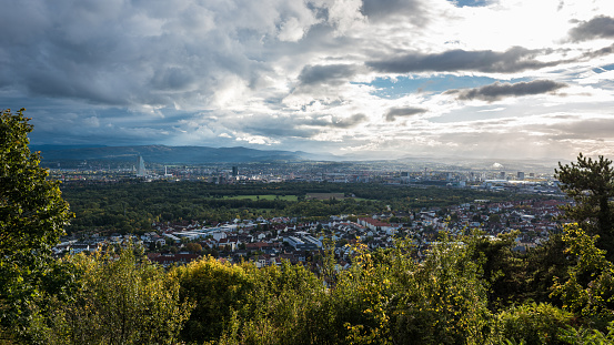 Aerial wide shot of building of the International Fair Plovdiv, Bulgaria. The Fairground is one of the largest exhibition venues in Southeast Europe (Bulgarian: Международен панаир Пловдив, България). The picture was taken with DJI Phantom 4 Pro drone / quadcopter.