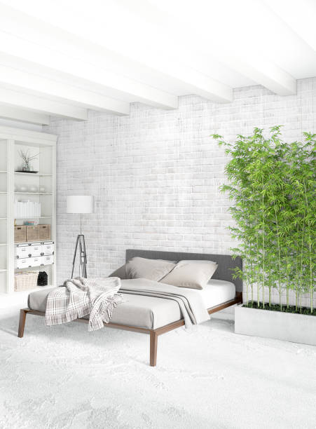 istock White bedroom minimal style Interior design with wood wall and grey sofa. 3D Rendering. 3D illustration 849902166