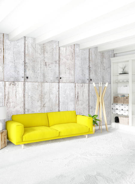 istock White bedroom minimal style Interior design with wood wall and grey sofa. 3D Rendering. 3D illustration 849902244