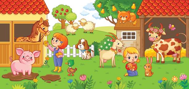 девочка и мать на ферме. - sheep child farm livestock stock illustrations