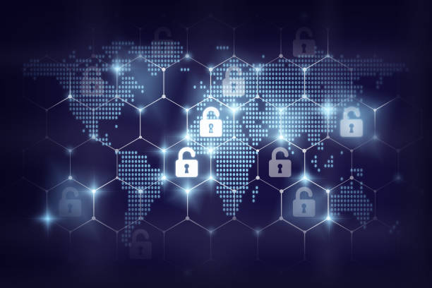 istock Security key lock icon digital display over the world map and Hexagon shape on dark blue background, business technology securities concept 849926888