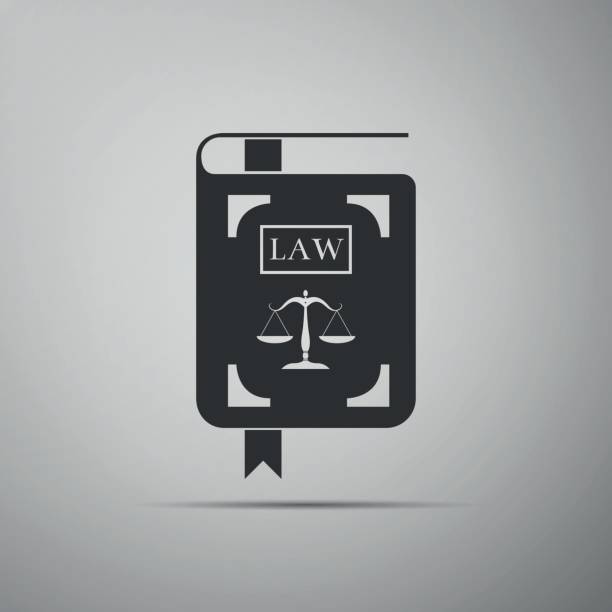 gesetz buch gesetzbuch mit waage der gerechtigkeit symbol isoliert auf grauem hintergrund. flaches design. vektor-illustration - law weight scale legal system gavel stock-grafiken, -clipart, -cartoons und -symbole