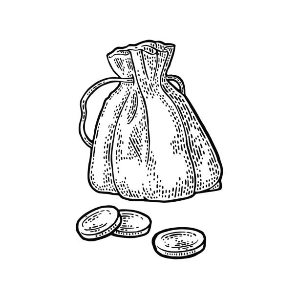 illustrazioni stock, clip art, cartoni animati e icone di tendenza di vecchia borsa di denaro con monete. incisione vettoriale nera vintage - coin currency bag money bag