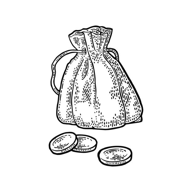 Old money bag with coins. Vintage black vector engraving Old money bag with coins. Vintage black vector engraving illustration. Isolated on white background. bag of coins stock illustrations