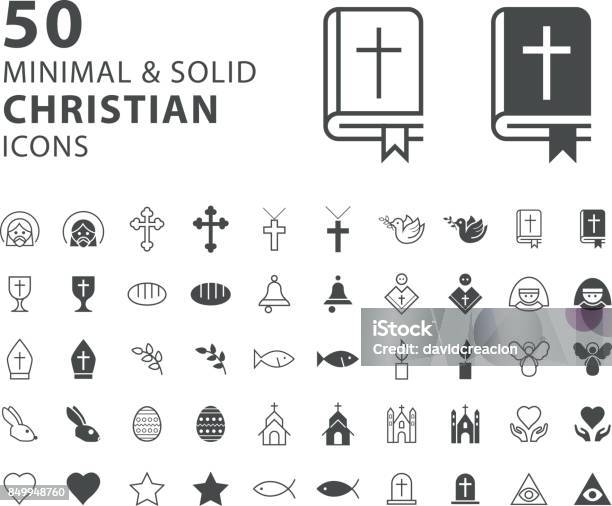 Set Of 50 Minimal And Solid Christian Icons On White Background Stock Illustration - Download Image Now