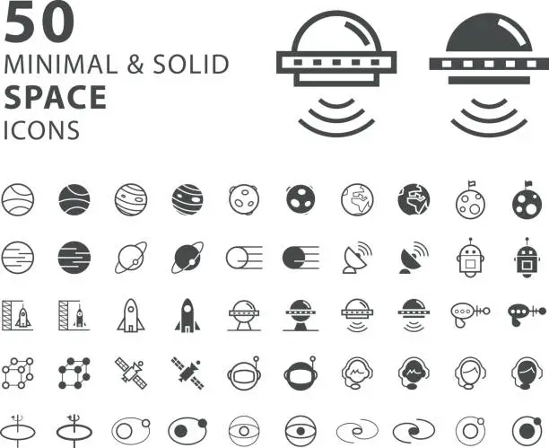 Vector illustration of Set of 50 Minimal and Solid Space Icons on White Background