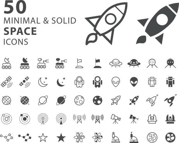 Set of 50 Minimal and Solid Space Icons on White Background Isolated Vector Elements astronaut icons stock illustrations