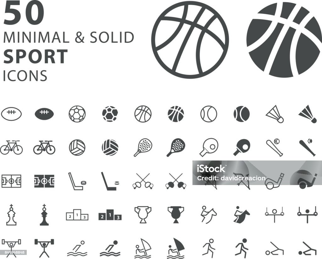 Set de 50 iconos de deporte mínimo y sólida sobre fondo blanco - arte vectorial de Ícono libre de derechos