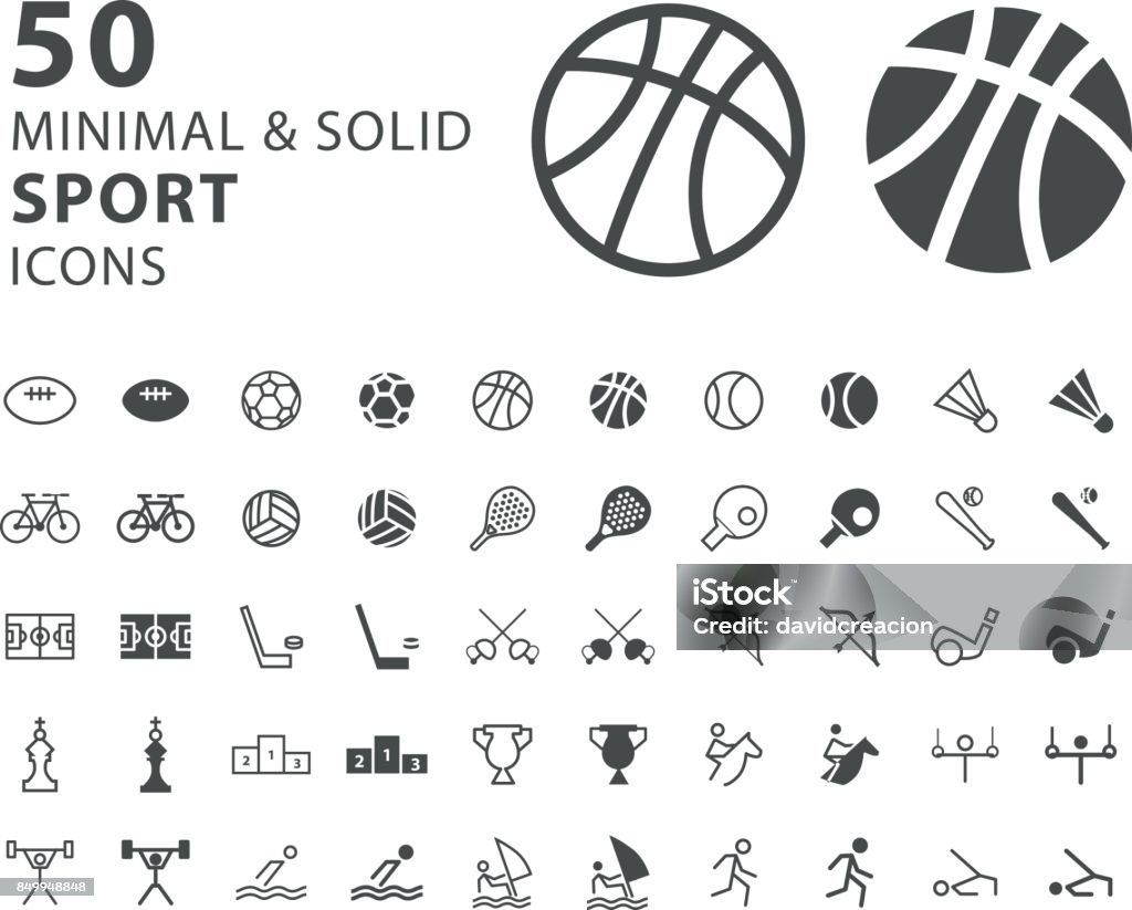 Ensemble de 50 icônes de Sport minimes et solide sur fond blanc - clipart vectoriel de Icône libre de droits