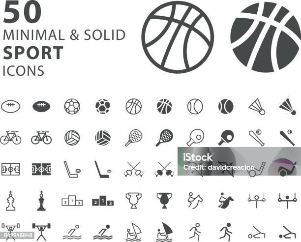 Ensemble De 50 Icônes De Sport Minimes Et Solide Sur Fond Blanc Vecteurs libres de droits et plus d'images vectorielles de Icône