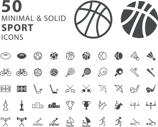 Vector illustration of Set of 50 Minimal and Solid Sport Icons on White Background