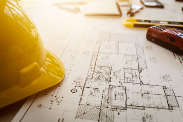 istock Vintage business desk of engineer contractor. 849952846