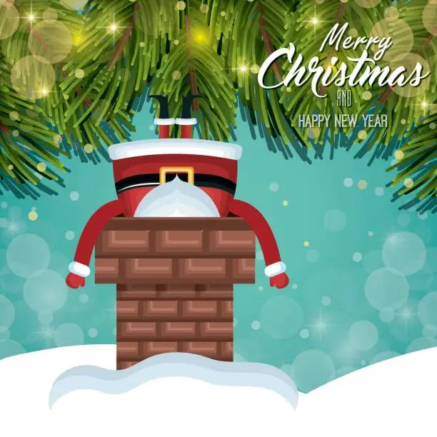 Vector illustration of card christmas santa stuck in chimney. tree shine. design graphic