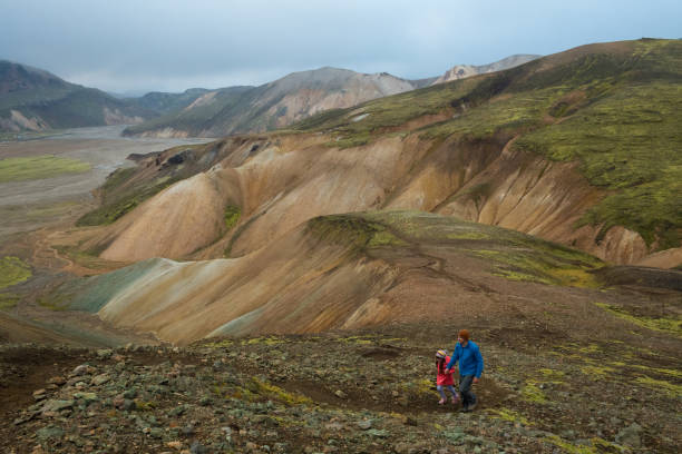 Family hiking in Landmannalaugar Iceland