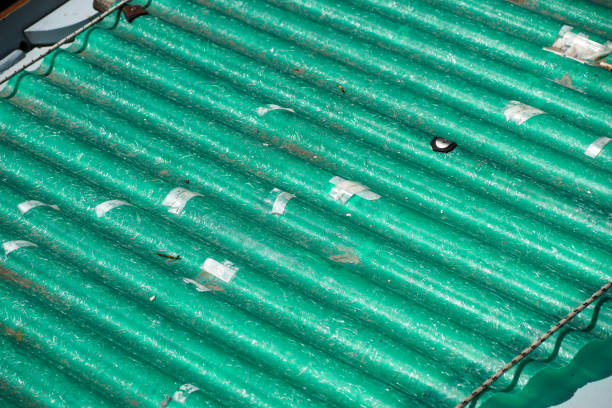 fonte de poluição, tampa do telhado ondulado nos painéis de eternit de poluentes - amianto telhado eternit - fotografias e filmes do acervo
