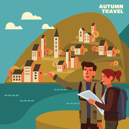 Young, smiling couple planning the route and looking at the map. Travel, vacation, holidays and adventure vector concept illustration. Landscape with town and hills