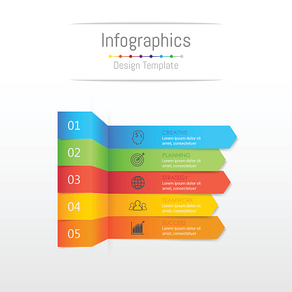 Infographic design elements for your business data with 5 options, parts, steps, timelines or processes, Sticky note paper concept. Vector Illustration.