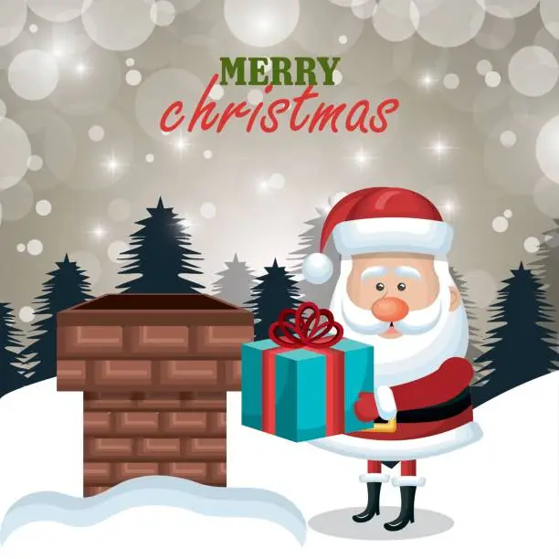 Vector illustration of postcard xmas santa claus gift chimney. .landscape