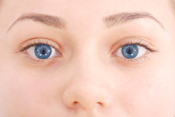 Close-up view of female blue eye.  Perfect skin, long eyelashes.