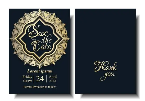 Vector illustration of Luxury Arab Wedding Invitation Card. Golden Lace and Blank Space for your Text with Dark Blue Background. Front and Back Template.