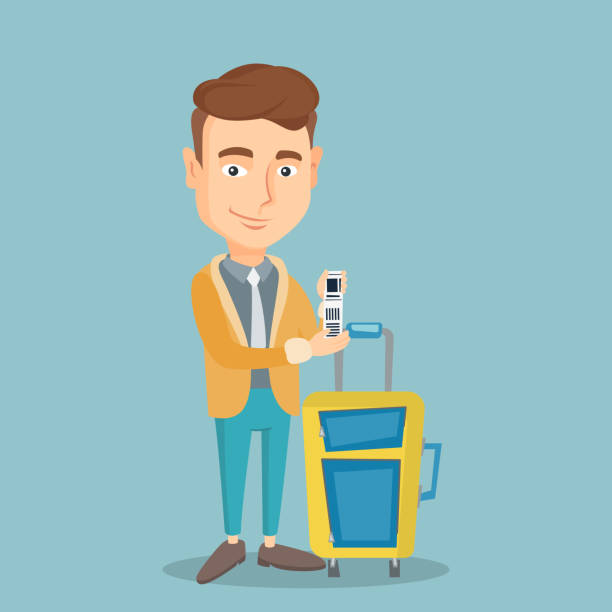 Caucasian businessman showing luggage tag Business class passenger standing near suitcase with priority luggage tag. Young caucasian businessman showing travel insurance tag. Vector flat design illustration. Square layout. priority baggage tag stock illustrations