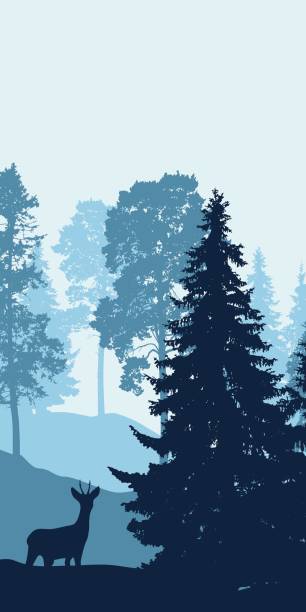 istock Vertical vector illustration of winter landscape with mountains, forest and standing deer under blue sky 850049278