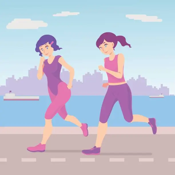 Vector illustration of cheerful running girls