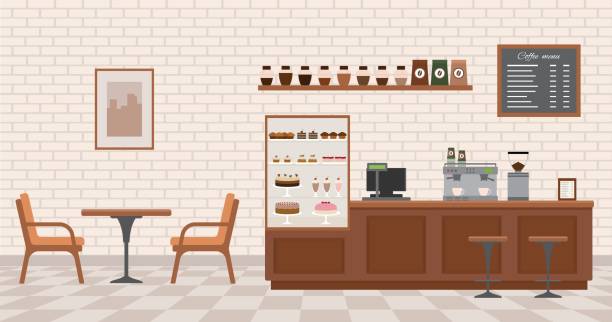 prázdný interiér kavárny. - kafeterie podnik podávající na jídlo a pití stock ilustrace