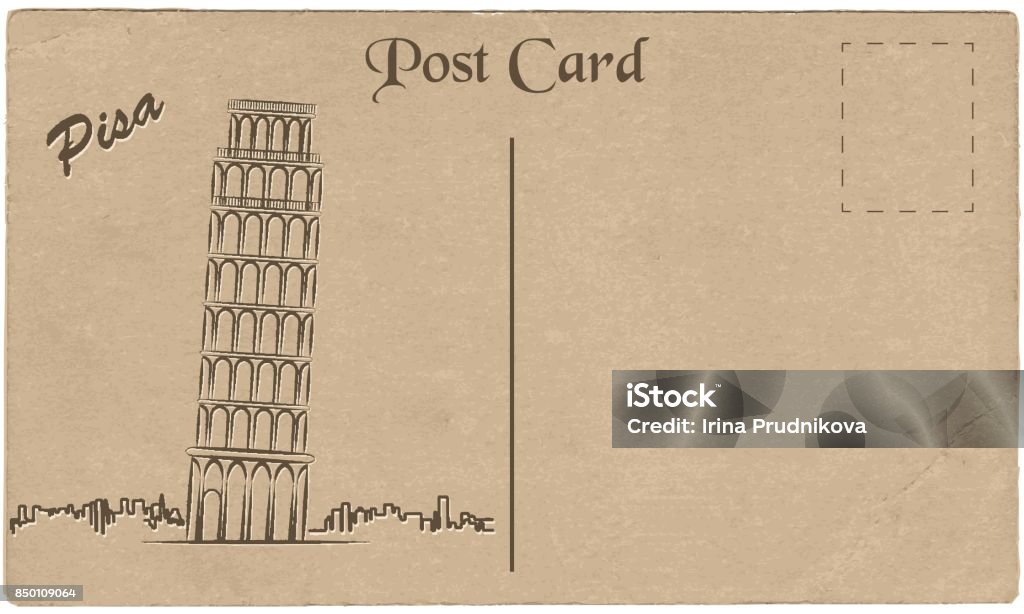 Old postcard from Italy with painted Leaning Tower of Pisa. Stylization. Old postcard from Italy with painted Leaning Tower of Pisa.  Stylization. Vector illustration. Postcard stock vector