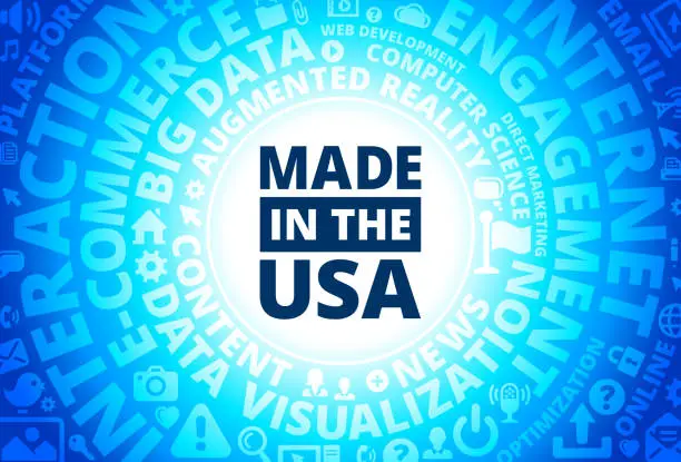 Vector illustration of Made In USA Sign Icon on Internet Modern Technology Words Background