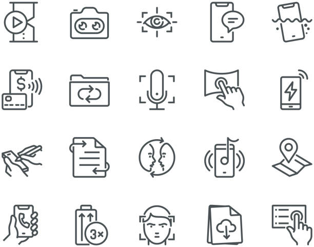 Smartphone Features Icons,  Monoline concept The icons were created on a 48x48 pixel aligned, perfect grid providing a clean and crisp appearance. Adjustable stroke weight. Also, there are outline stroke icons in different layer. slow motion stock illustrations