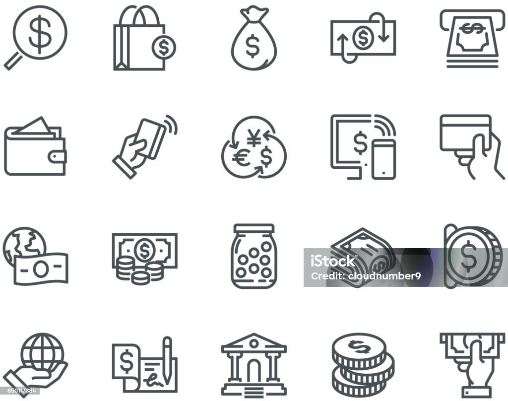 Geld Symbole, Monoline-Konzept - Lizenzfrei Icon Vektorgrafik