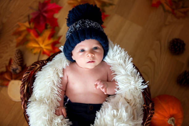istock Cute newborn baby boy with knitted hat in a basket 850118318