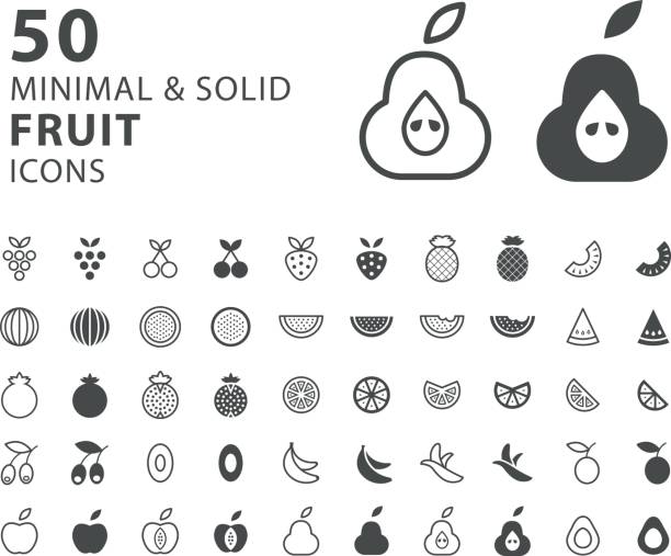 Set of 50 Minimal and Solid Fruit Icons on White Background Isolated Vector Elements pomegranate in spanish stock illustrations
