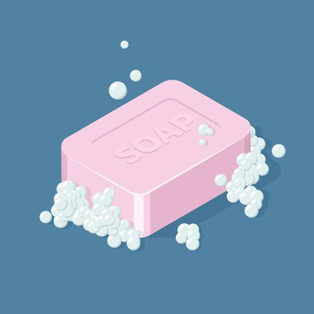 Soap Bar with Bubbles. Isometric vector illustration Pink Soap Bar with bubbles. Isometric vector illustration bathroom clipart stock illustrations