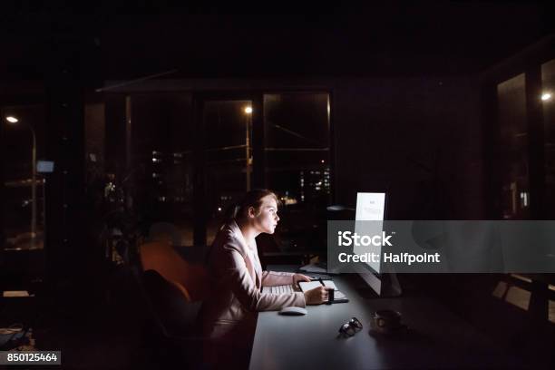 Businesswoman In Front Of Computer Screen In Office At Night Stock Photo - Download Image Now