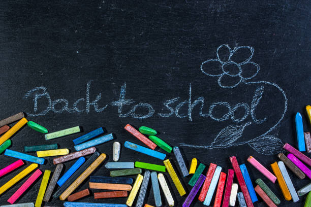 istock Black Chalkboard with back to school text written with white chalk on blackboard, start of education after summer holidays 850125984