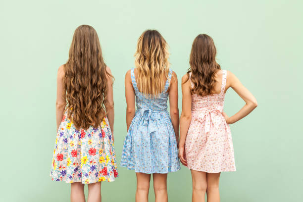 Comparison hairstyle with three woman. hairstyle short human hair women little girls stock pictures, royalty-free photos & images