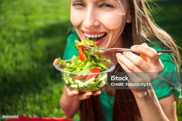 Woman Eating Healthy Salad Stock Photo - Download Image Now - Eating, Salad, Adult