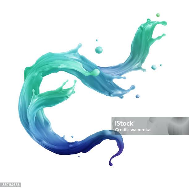 Photo libre de droit de Rendu 3d Illustration Numérique Abstraite Dynamique Éclabousser Liquide Éclaboussures De Peinture Vague Colorée Mode Menthe Bleu Émeraude Vert Artistique Clip Art Élément Isolé Sur Blanc banque d'images et plus d'images libres de droit de Peinture