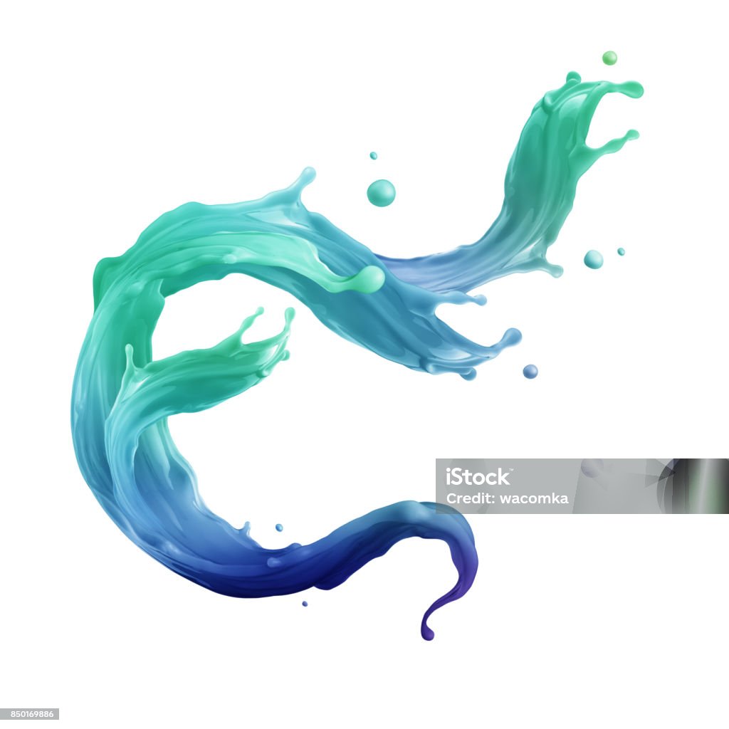 3d render, digital illustration, abstract dynamic liquid splash, paint splashing, colorful wave, fashion background, mint blue emerald green, artistic clip art element isolated on white Paint Stock Photo