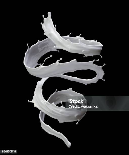 3d Render Digital Illustration Milk Spiral Liquid Splash White Wave Isolated On Black Background Stock Photo - Download Image Now