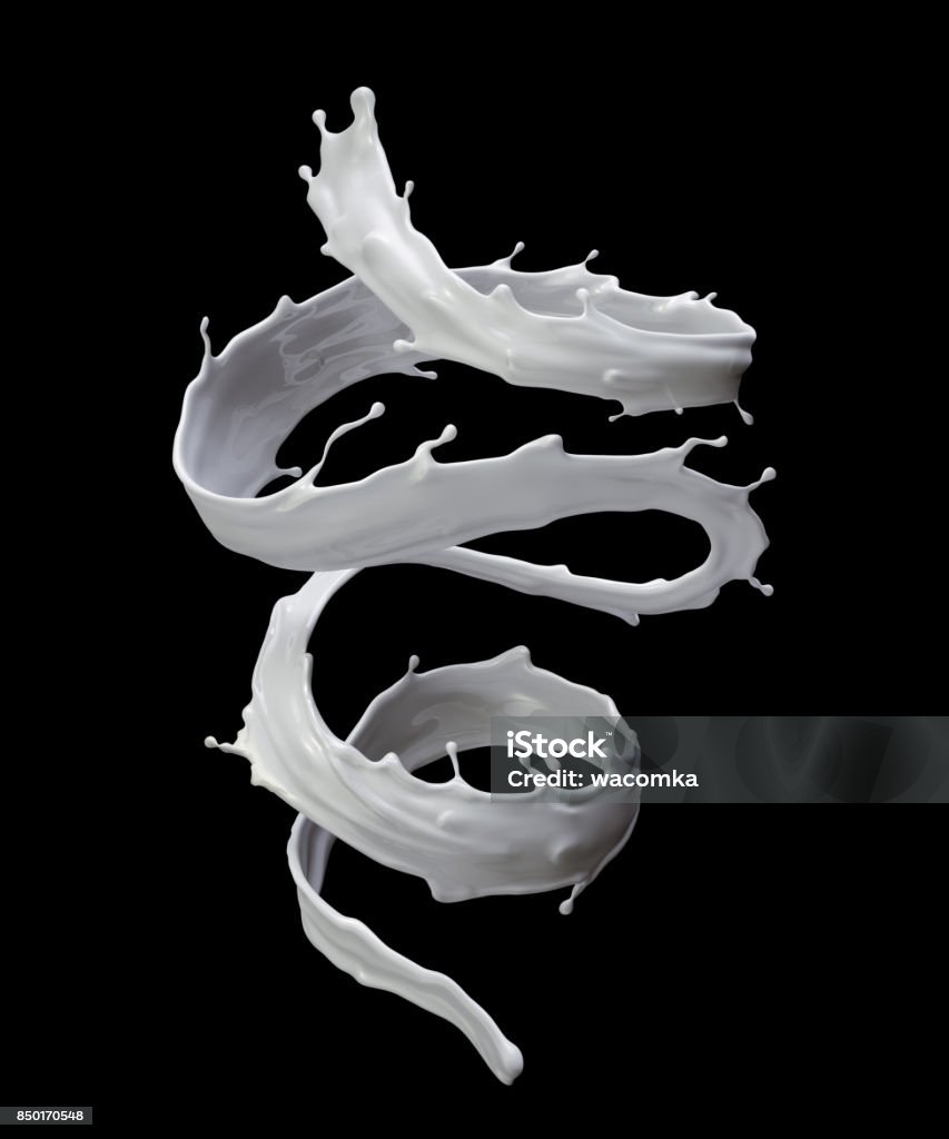 renderização 3D, ilustração digital, leite, respingo líquido espiral, onda branca, isoladas no fundo preto - Foto de stock de Esparramar líquido royalty-free