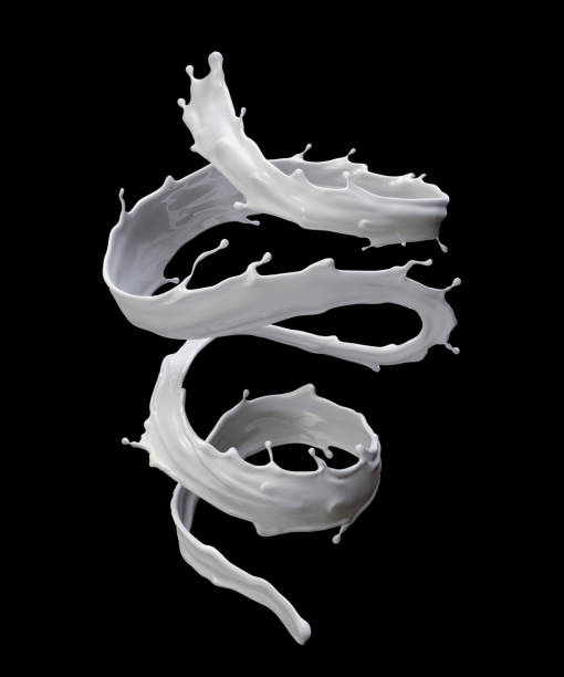 3d render, digital illustration, milk, spiral liquid splash, white wave, isolated on black background - spiral circle paint splashing imagens e fotografias de stock