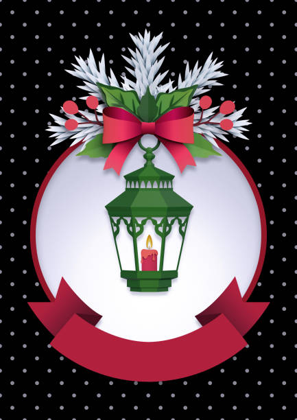 3d render, Christmas lantern, black background, paper cut, festive elements, holiday decoration, ribbon tag, greeting card template