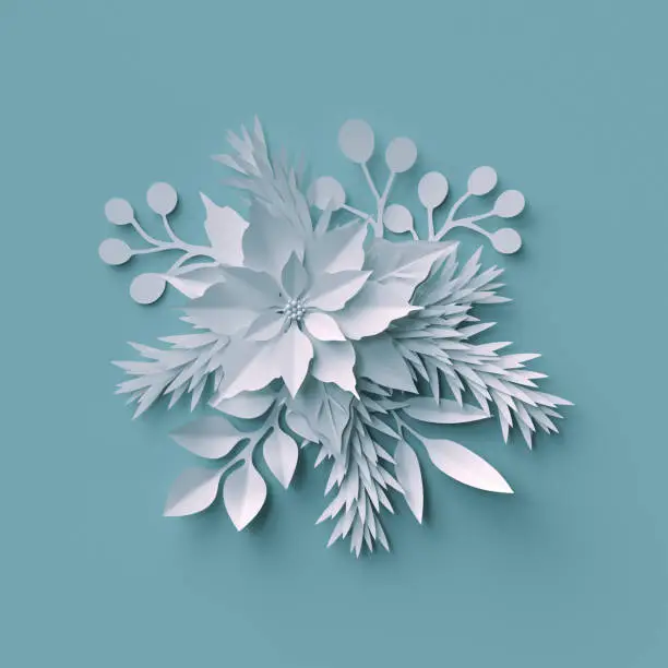 Photo of 3d render, Christmas background, white paper cut, festive elements, holiday decoration, greeting card