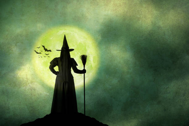Halloween Witch Holds Her Broom Standing In Front Of Full Moon A Halloween witch dressed in black stands with her back to the camera as she holds her broom and is silhouetted by the rising full moon.  A colony of bats flies in the distance. witch photos stock pictures, royalty-free photos & images