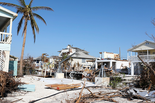 Homes along a waterway have been destroyed by a possible tornado and Hurricane Irma which made landfall in the Florida Keys. Shot taken by Canon 5D Mark lV.