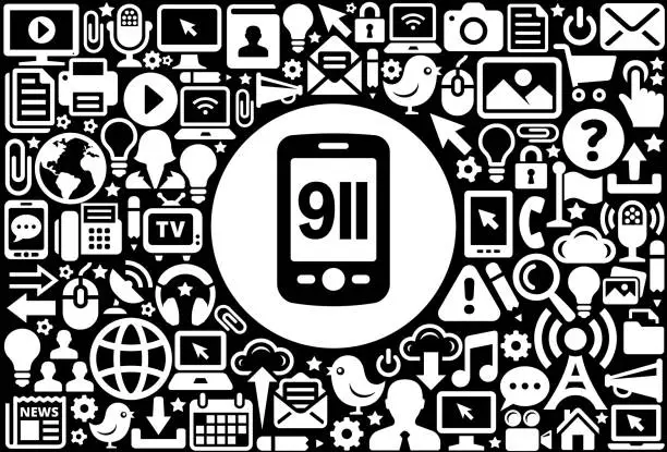 Vector illustration of Emergency 911 Phone Service Icon Black and White Internet Technology Background